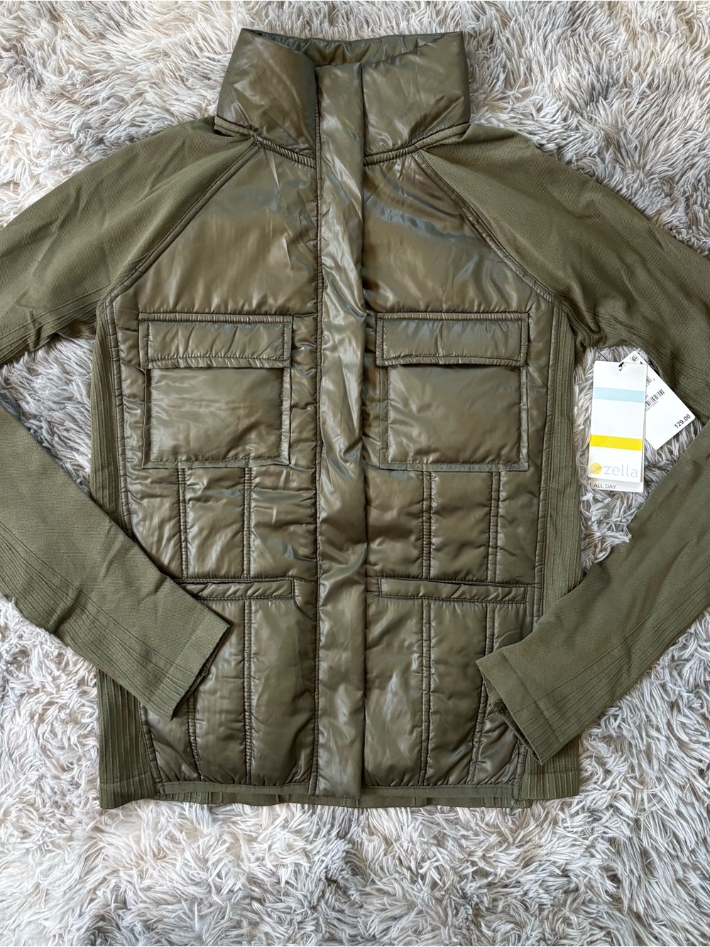 Zella Olive Quilted Hybrid Jacket with Knit Sleeves
